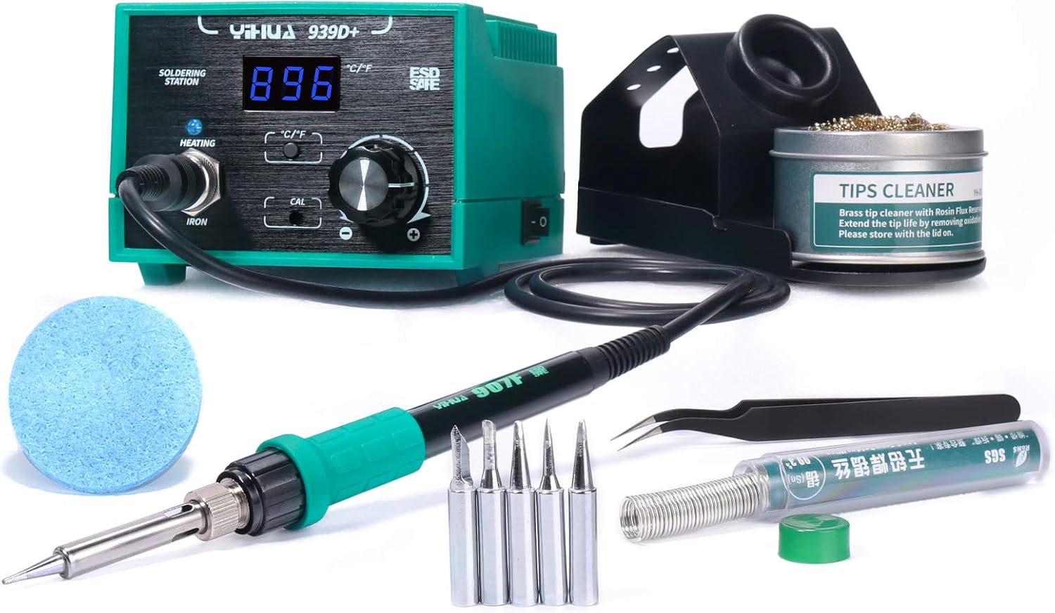 YIHUA 939D+ Digital Soldering Station, 75W Equivalent with Precision Heat Control (392°F to 896°F) and Built-in Transformer. ESD Safe, Lead Free with °C/°F display (Green) - - 
