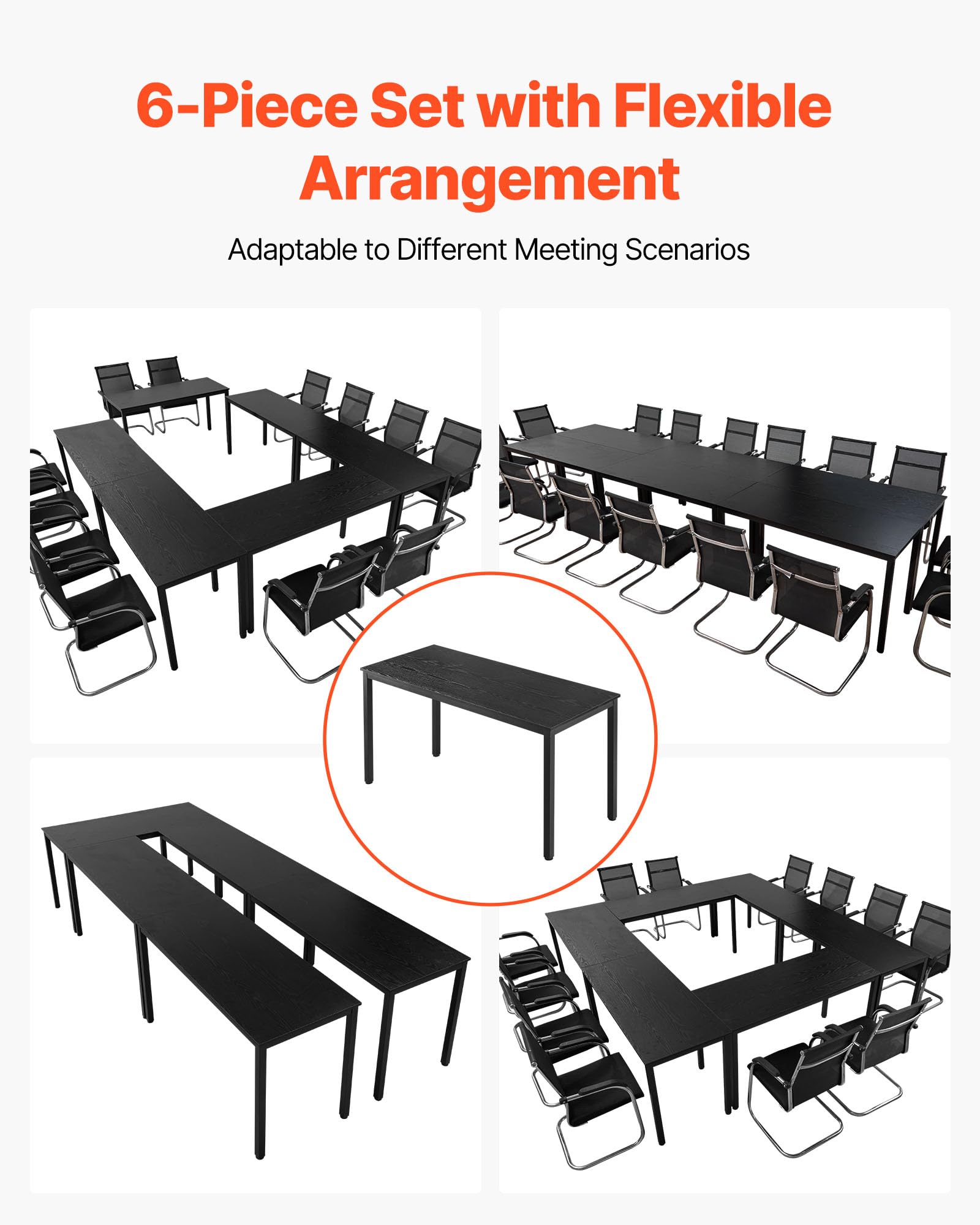 VEVOR Table de conférence, Lot de 6, Table de réunion rectangulaire de 1400 mm pour 16 Personnes, Bureau de réunion Moderne avec Pieds en métal, Bureau combiné Flexible pour Salle de Formation, Noir