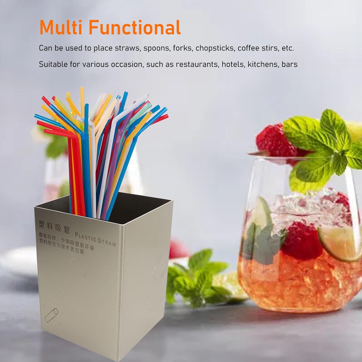 Straw Dispenser, Stainless Steel Drinking Straw Holder, Storage Container Cutlery Organizer for Drink Shop Bar Restaurant Hotel, Kitchen (Stainless Steel Color)