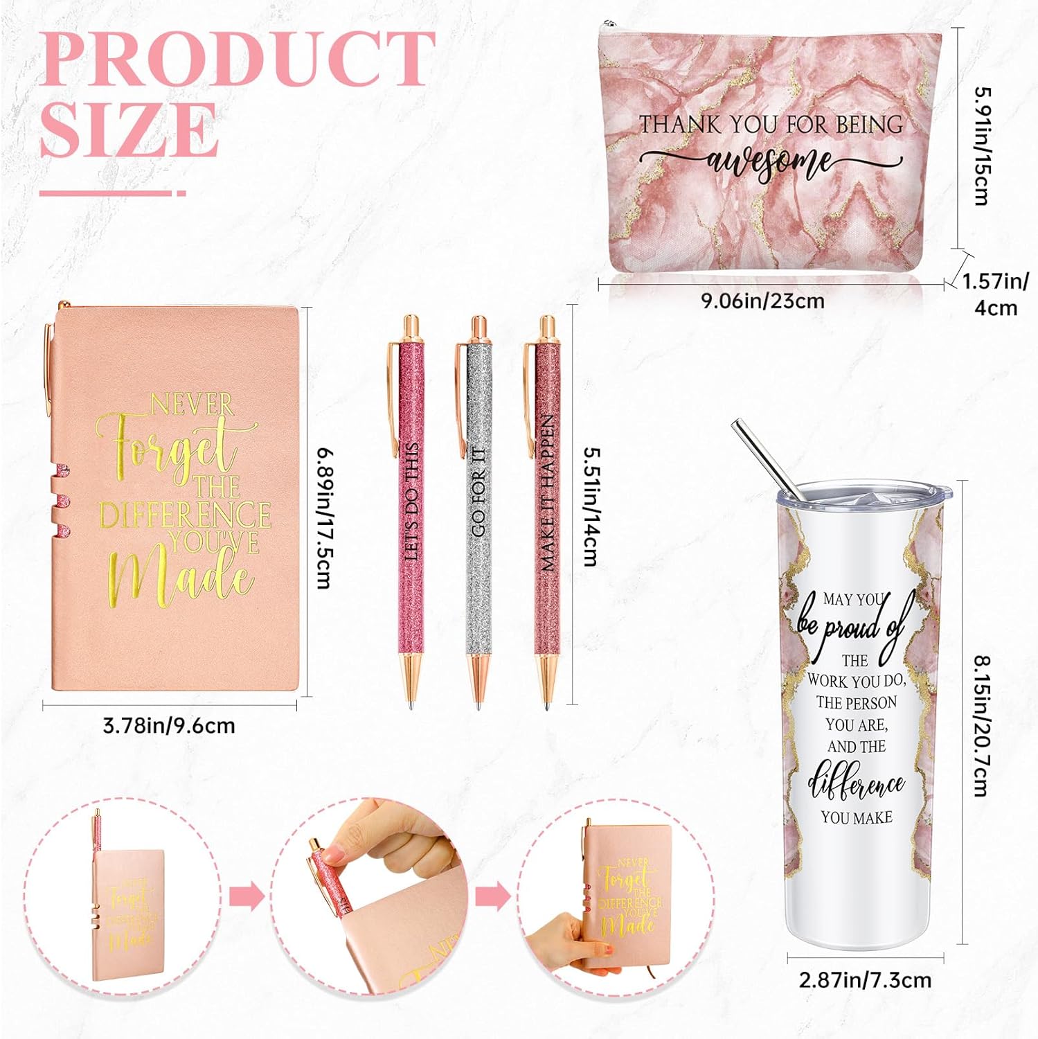 Domensi 6 Pcs Employee Appreciation Gift Set for Women Female Thank You Gift May You Be Proud 20 oz Rustic Marble Sign Tumbler Makeup Bag Journal for Nurse Lady Work Business(Pink) - Image 2