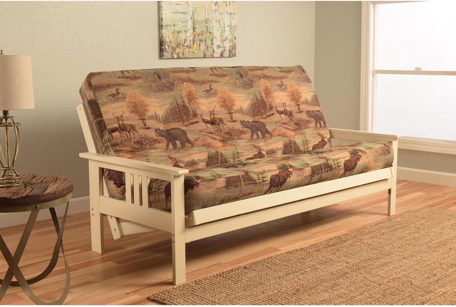 Maykoosh Futon Frame with Mattress - Full Size Sofa Bed, Antique White, Easy Assembly, Classic Design