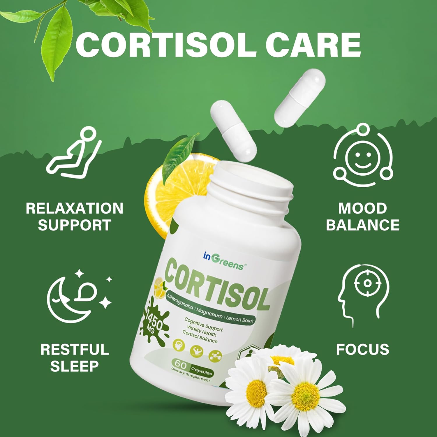 inGreens Cortisol Supplement, 15-in-1 Cortisol Manager with Ashwagandha, L-Theanine & Magnesium, Supports Cortisol Health, Relaxation & Restful Sleep, 120 Capsules