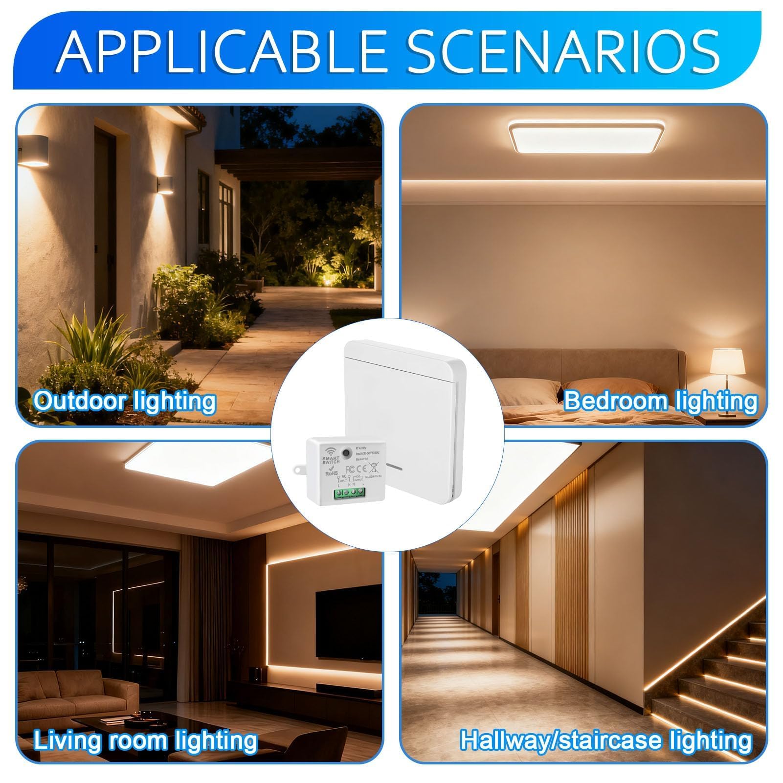 Interruptor de luz Inalámbrico Kit Interruptor Luces Inalambrico 230V Interruptor de Seguridad del Transmisor RF y Controlador Receptor 10A Alcance 50m No Requiere Cableado para Lámpara Hasta 2300W