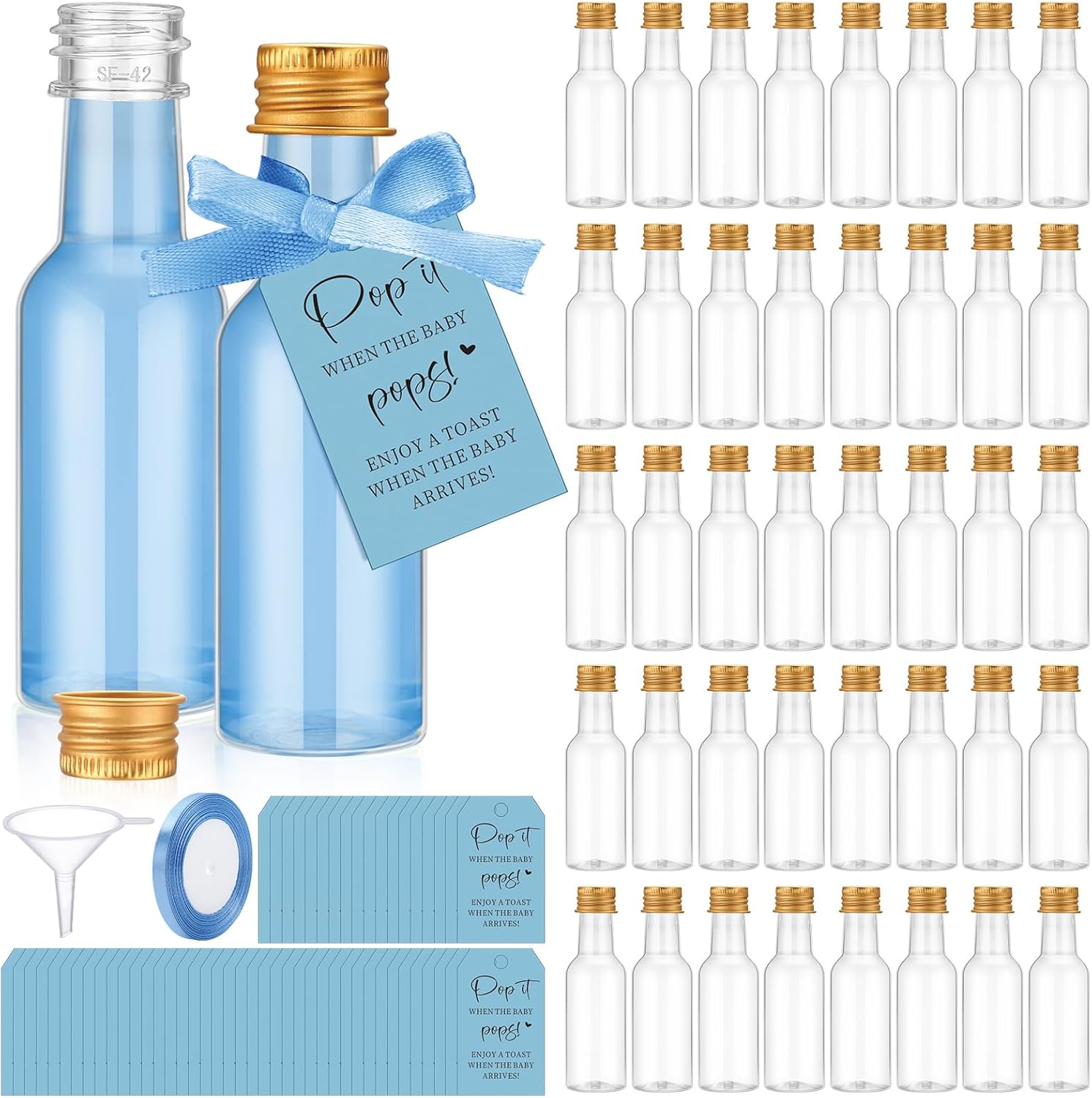 Roshtia 50 Pack Baby Shower Favors for Guests When She Pops, 1.7oz Empty Mini Liquor Bottles with Gold Screw Caps Funnels Tags Ribbon for Shots Baby Shower Return Gift(Blue)