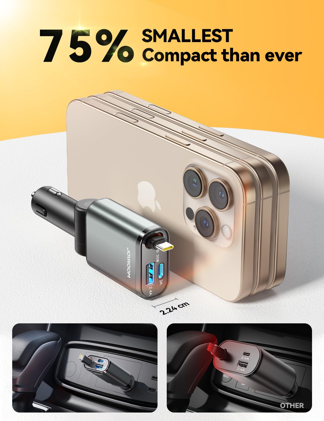 [2025 Ultra-Slim, 75% Less Space] Car Charger for iPhone 16 Pro Fast Charging, Retractable Car Charger USB C 57W Type C Car Adapter Dad Gifts for Fathers Day for iPhone16e 15 Pro Max, Samsung S25/24