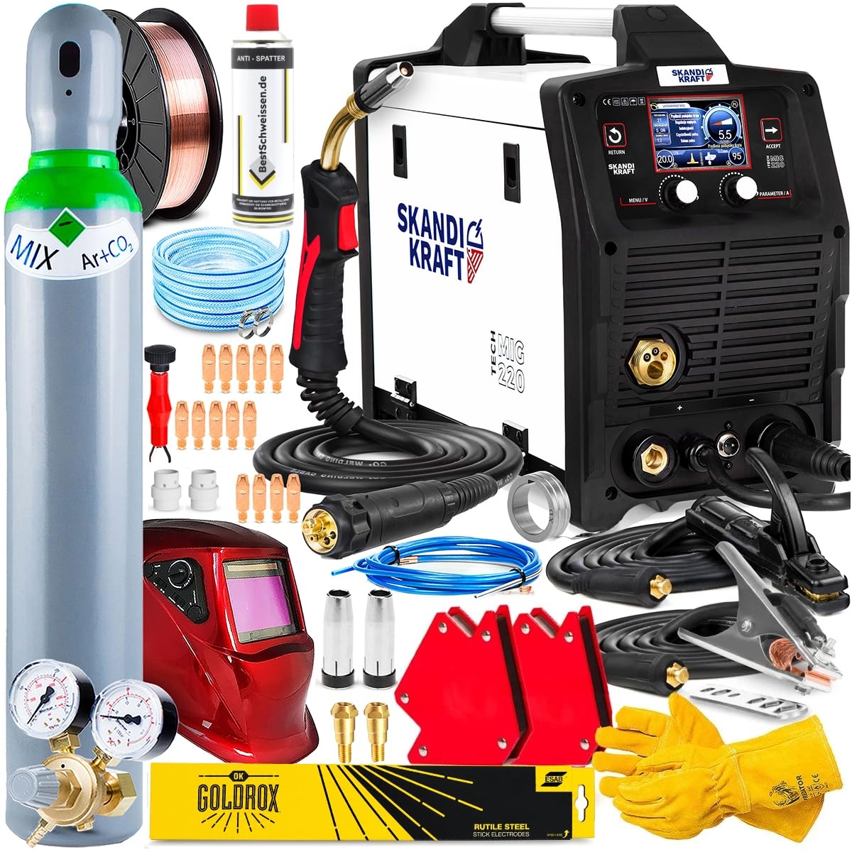 SKANDI KRAFT iTech MIG 220 - Saldatrice inverter MIG MAG 200 A, con bombola del gas di protezione da 8 l, casco per saldatura, filo per saldatura e accessori, Synergic Auto, Puls Bestschweissen.de