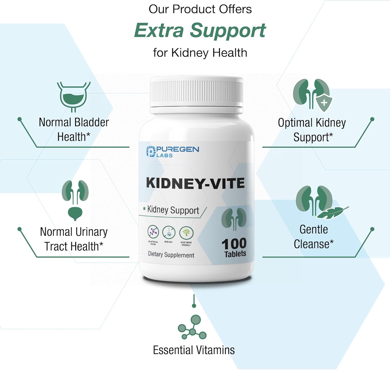 Puregen Labs Kidney-Vite | Premier Kidney, Renal Support | Non-GMO, Gluten-Free, No Artificial Color Additives | 2 Pack – Total 200 Tablets - Image 4