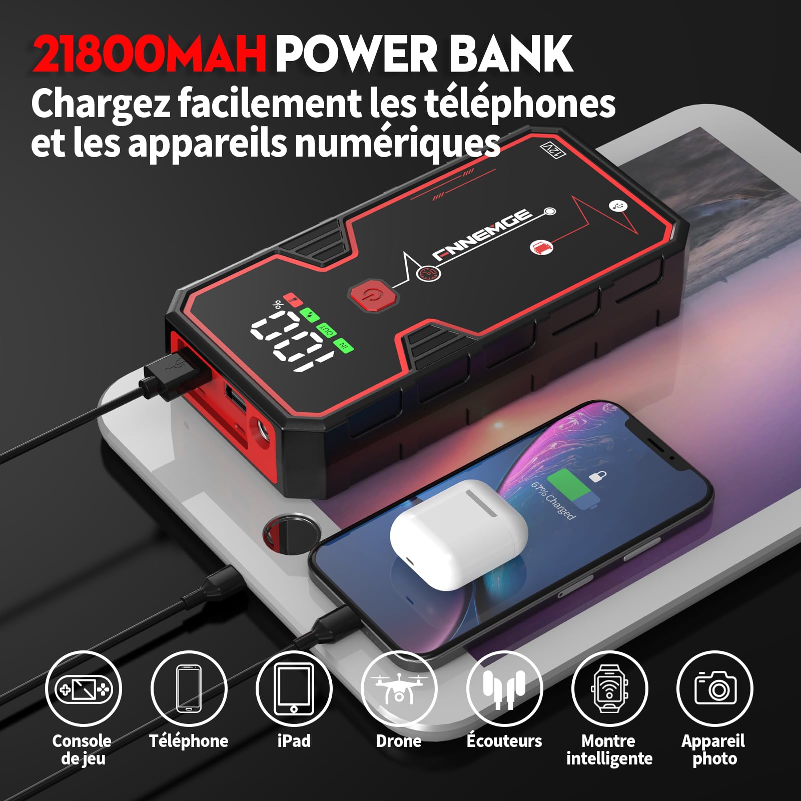FNNEMGE Booster Batterie, 4000A 21800mAh Portable Jump Starter, Démarrage de Voiture (Jusqu’à 8.0 L Essence 6.5L Gazole), Jump Starter avec Port de Charge USB, lumière LED, HD Écran Large.