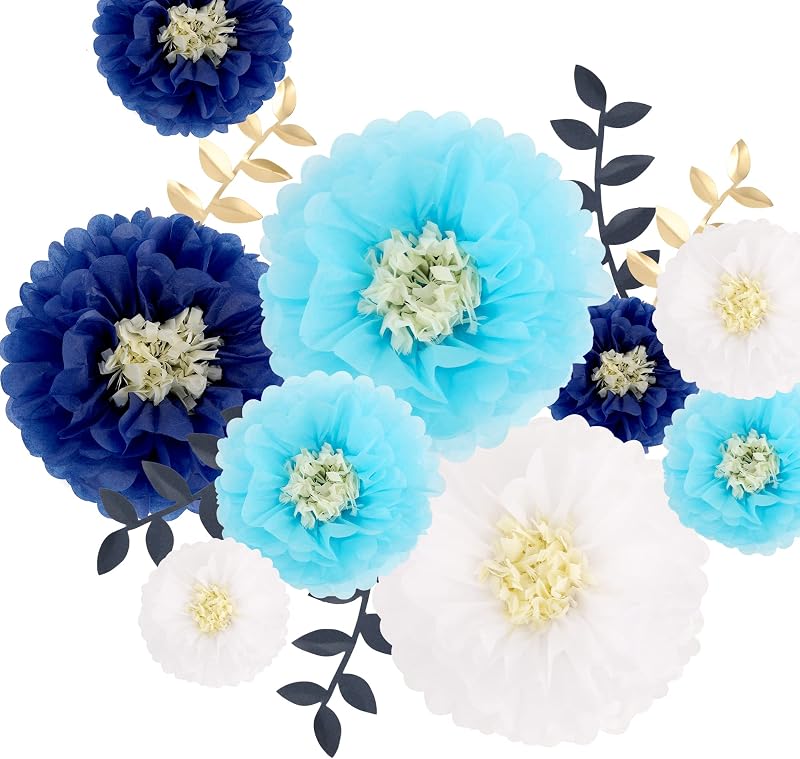Fonder Mols Papel de seda Flores de crisantemo con mariposa y hojas de olivo para bodas, baby shower, guardería, fiestas y eventos, decoraciones, pompones (azul marino, turquesa y blanco)
