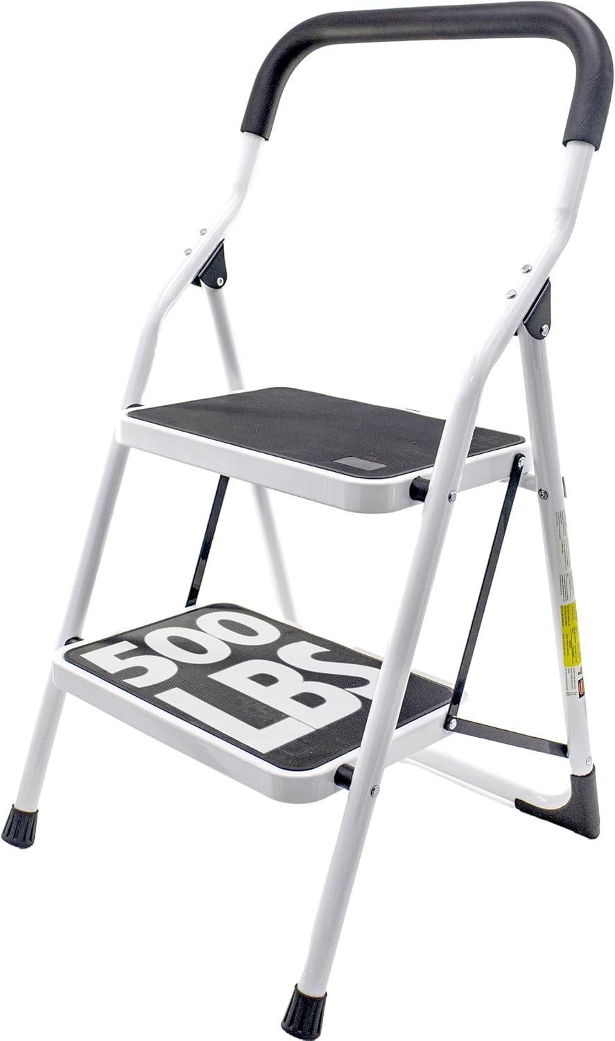 Metal 2 Step Stool Ladder Foldable with Non Slip Ergonomic Handle & Platform - Foldable, Heavy Duty, Lightweight, Compact & Collapsible Steel Safety Kitchen Step Stool - 45" Height (2 Step)