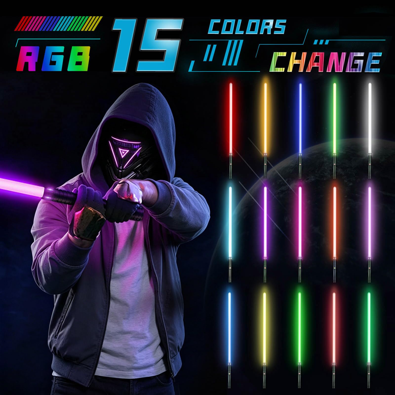 Laserschwert Kinder, 2-in-1 Lichtschwert mit 15 Farben, Duell Lightsaber mit 4 Modi und Sounds, USB-C Aufladbar Lichtschwerter, FX Laserschwert für Kinder Party, Geschenk, Cosplay (schwarz 2pc)