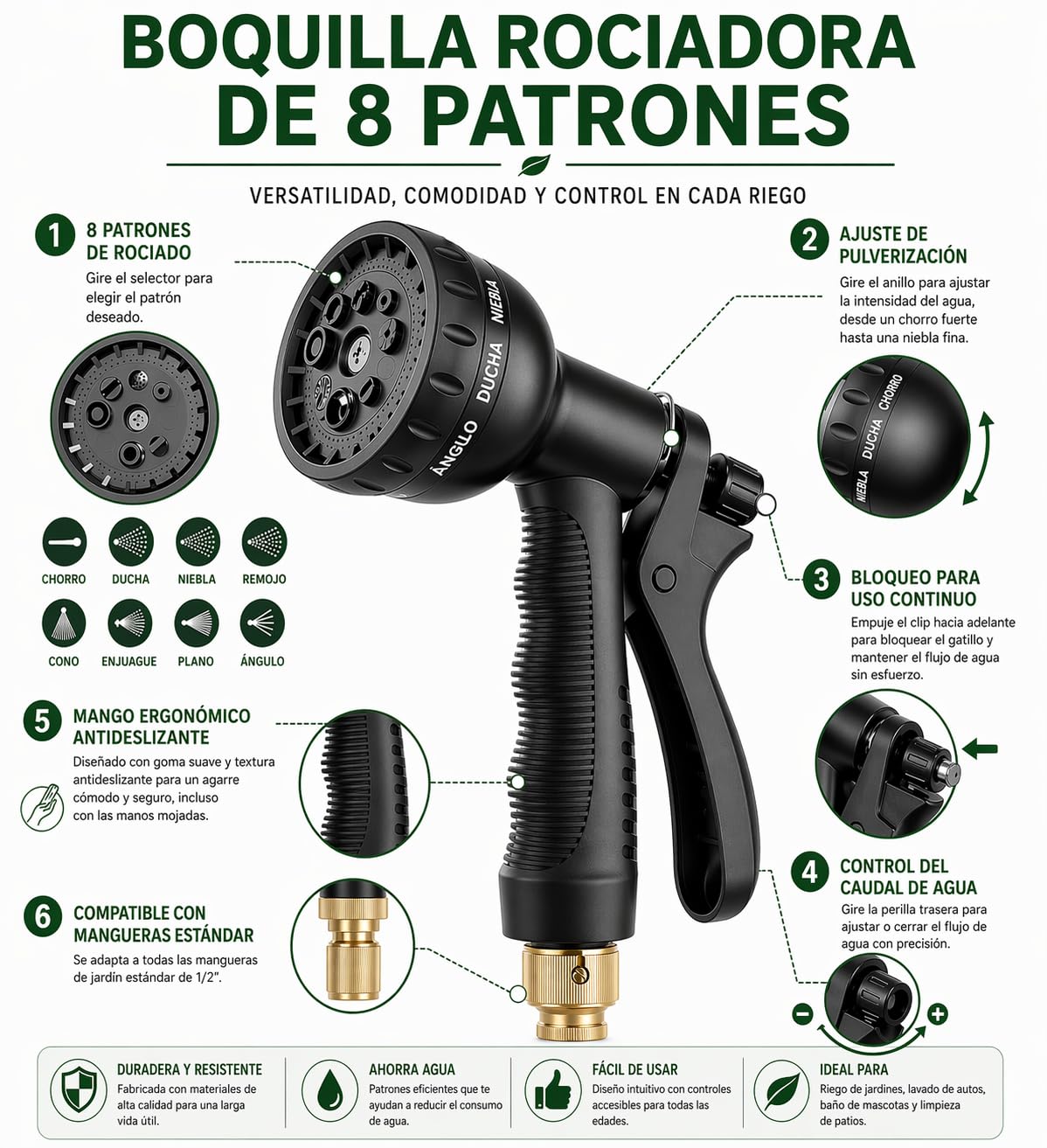 Tuyau de jardin flexible et résistant, anti-nœuds et anti-fuite, avec buse de pulvérisation et connecteurs pour irrigation en extérieur.