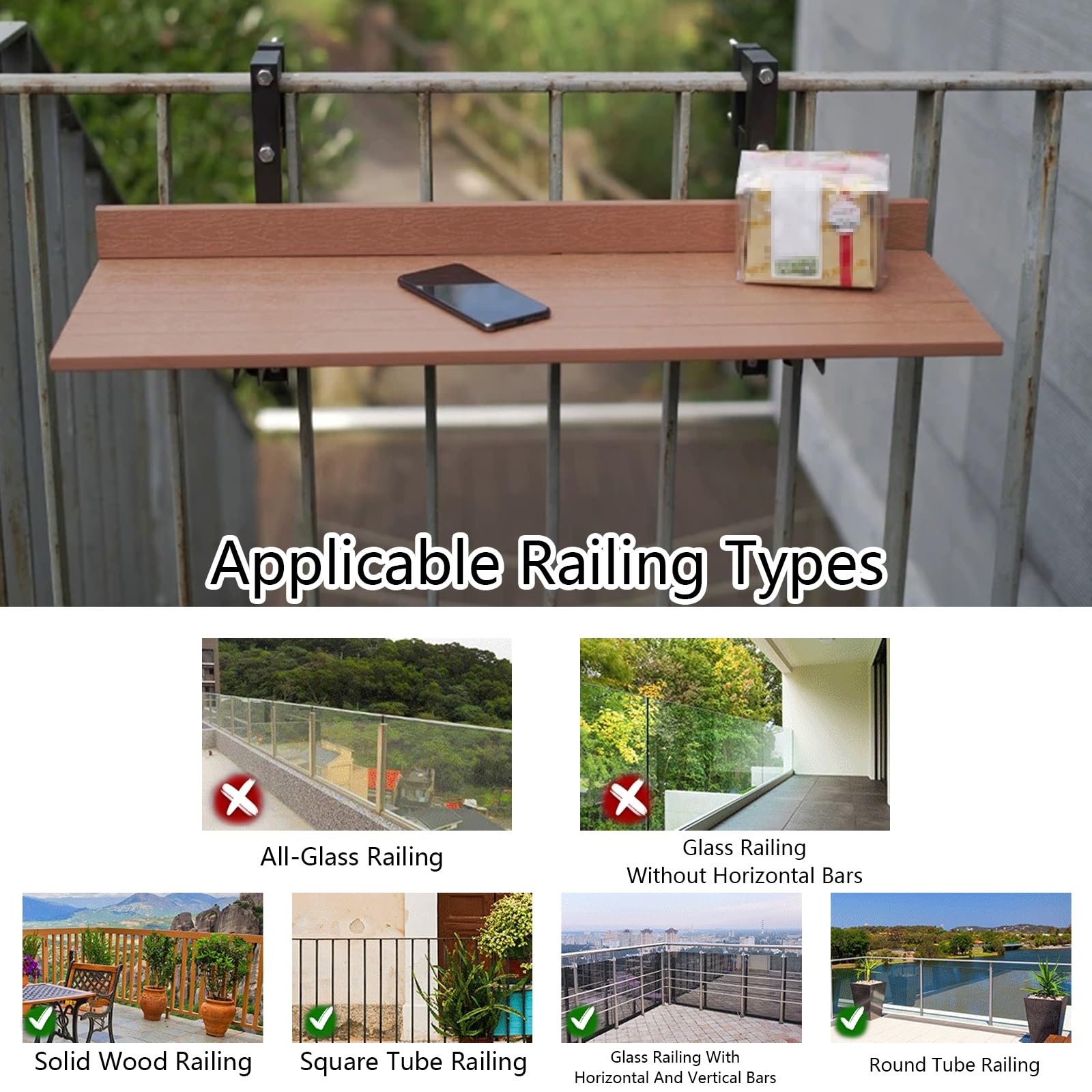 Table de Balcon Pliante pour Garde Corps avec Fixation Réglable, Table Suspendue Balcon en Composite Bois-Plastique pour Balcon, Terrasse Et Patio
