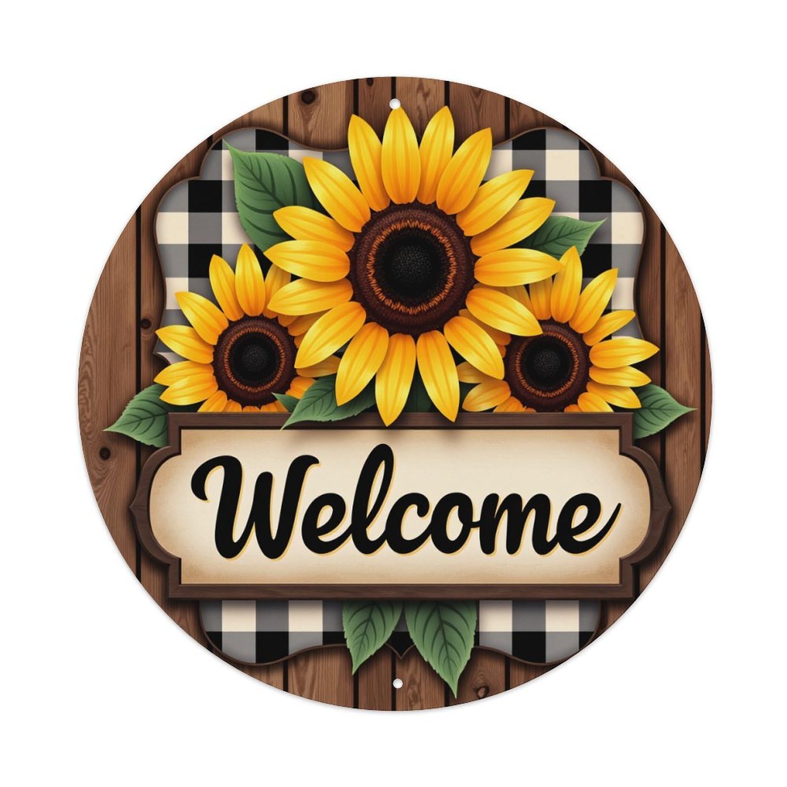 Sunflower Checkered Wood Sign Welcome Round Tin Sign Retro Metal Sign for Cafe Bar Pub Home Game Room Gym Club Wall Decoration Vintage Metal Poster 8x8 Inch