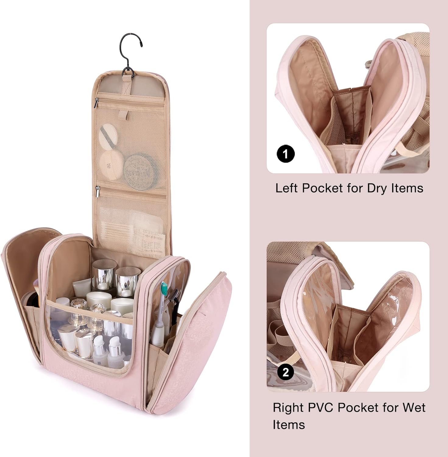 Extra Large Toiletry Bag，BAGSMART Hanging Toiletry Bag for Travel, Water-resistant Cosmetic Makeup Travel Bag, Large Capacity Travel Bag Organizer for Full Sized Toiletries, Pink : Beauty & Personal Care