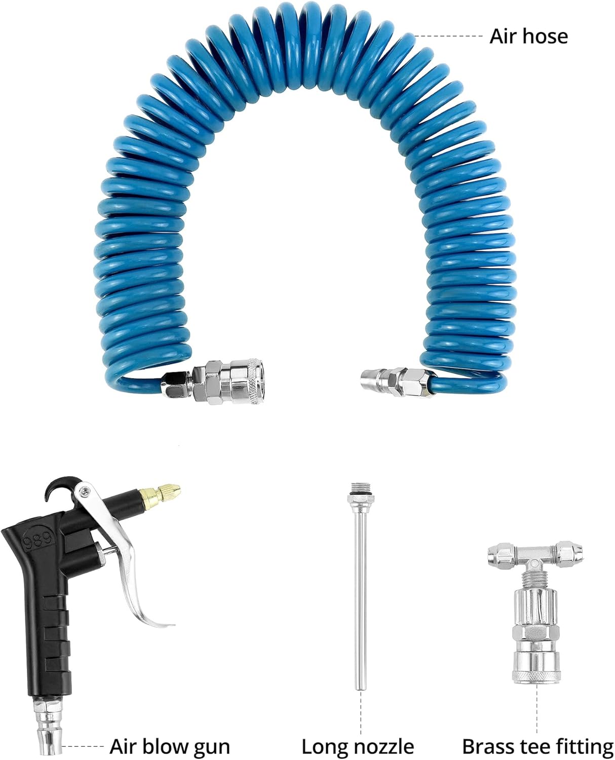 QWORK Air Blow Gun Kit, 2 Sets of Heavy Duty Air Duster Blow Gun Dust Cleaner with 16' (5m) Long Coil, Air Seat Blow Gun Fits 1/4"(6mm) air Hose for Trucks, Semi Trailers or Tractors