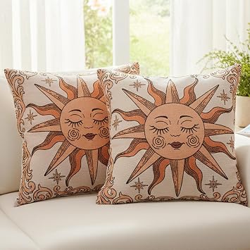 Fall Boho Pillow Covers Whimsical Pillow Covers Embroidered Whimsical Home Decor Celestial Sun Woven Pillowcases for Holiday Autumn Xmas Cushion Case 18x18 Inch Set of 2