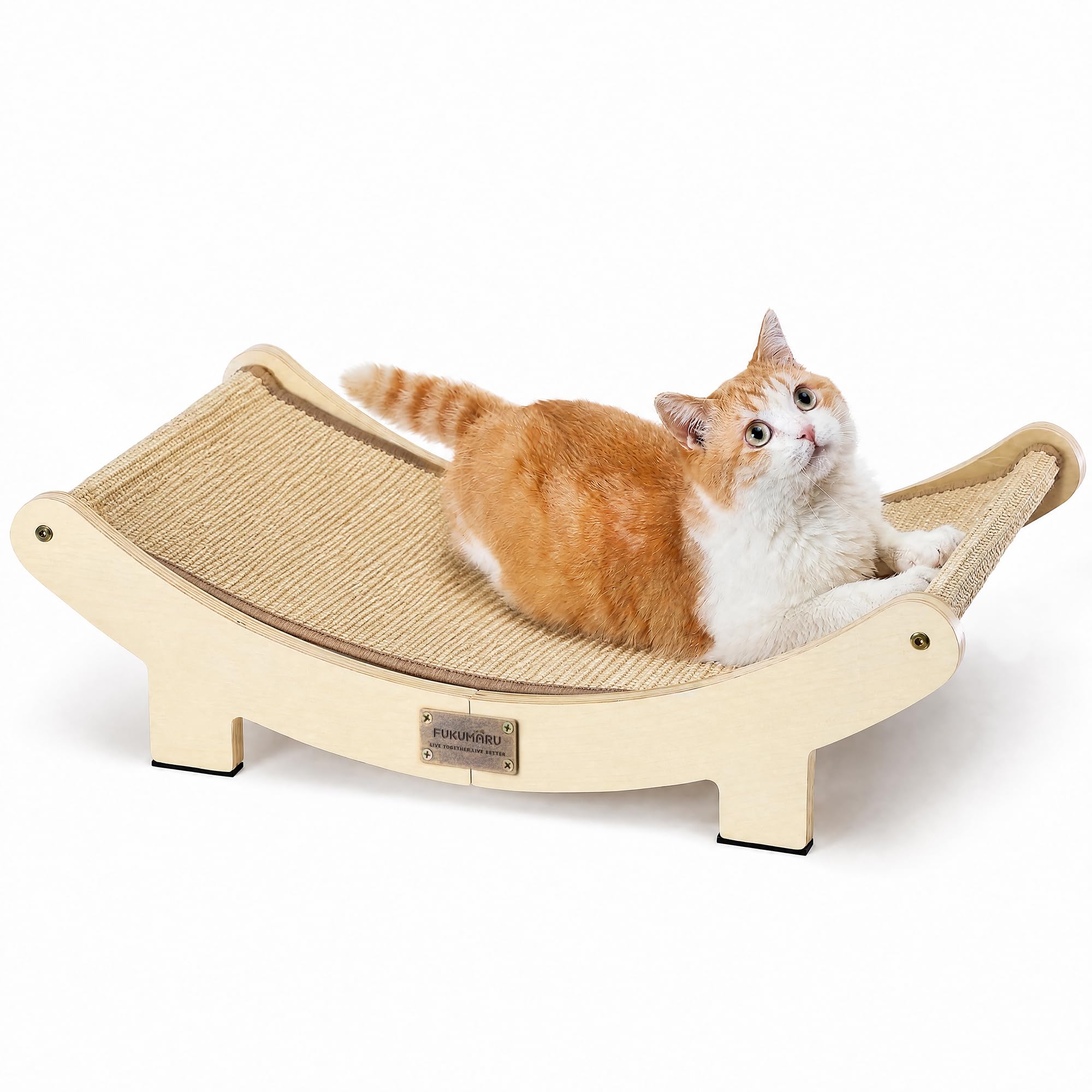 FUKUMARU Extra Large Sisal Cat Scratcher Bed Indoor Sturdy Wood Scratch Bed 70cm Large Cat Scratching Bed Scratch Pad, 100% Natural Sisal Cat Hammock, Solid Wood Frame Lounger Chair Sofa