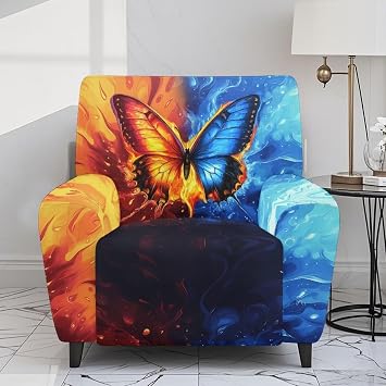 Fire Ice Butterfly Stretch Recliner Slipcovers Printed 4-Piece LazyBoy Chair Covers 1 Cushion Reclining Sofa Cover Furniture Protector Sofa Couch Cover with Side Storage Pocket Prevent Stain