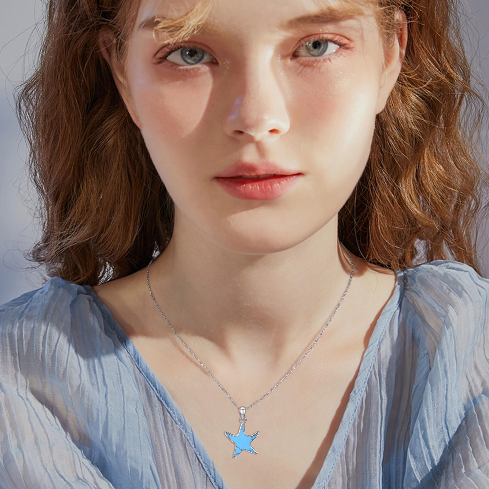 Collar de estrella de mar, plata de ley 925, turquesa y estrella de mar, colgante de estrella de mar, regalo para niñas, mujeres, niños, Plata esterlina, Turquesa