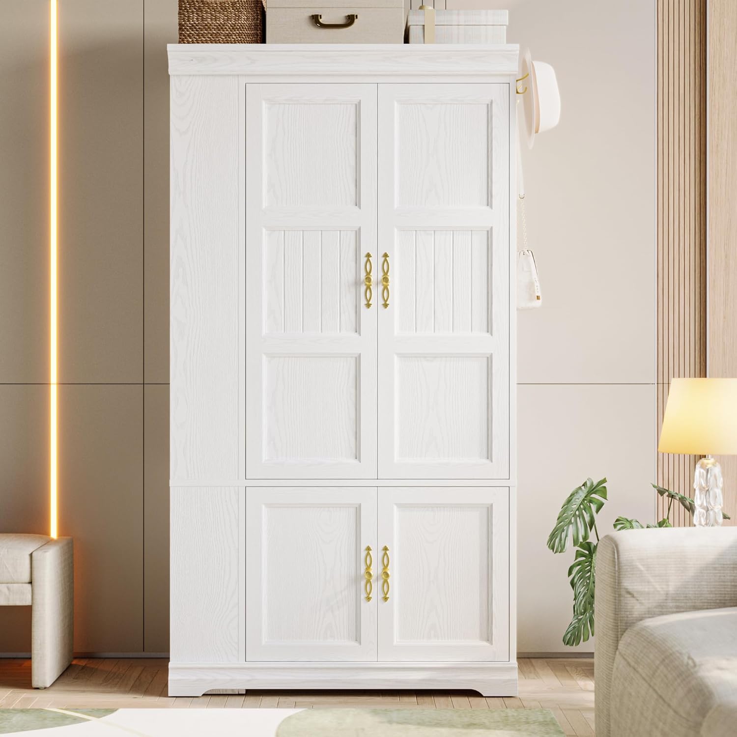 LIKIMIO Armoire Wardrobe Closet with Mirror, 70” Wooden Wardrobe Cabinet with 4 Doors, 2 Open Storage Shelves, Freestanding Bedroom Armoire with 3 Hooks & Hanging Rod for Home Room, White - Image 10