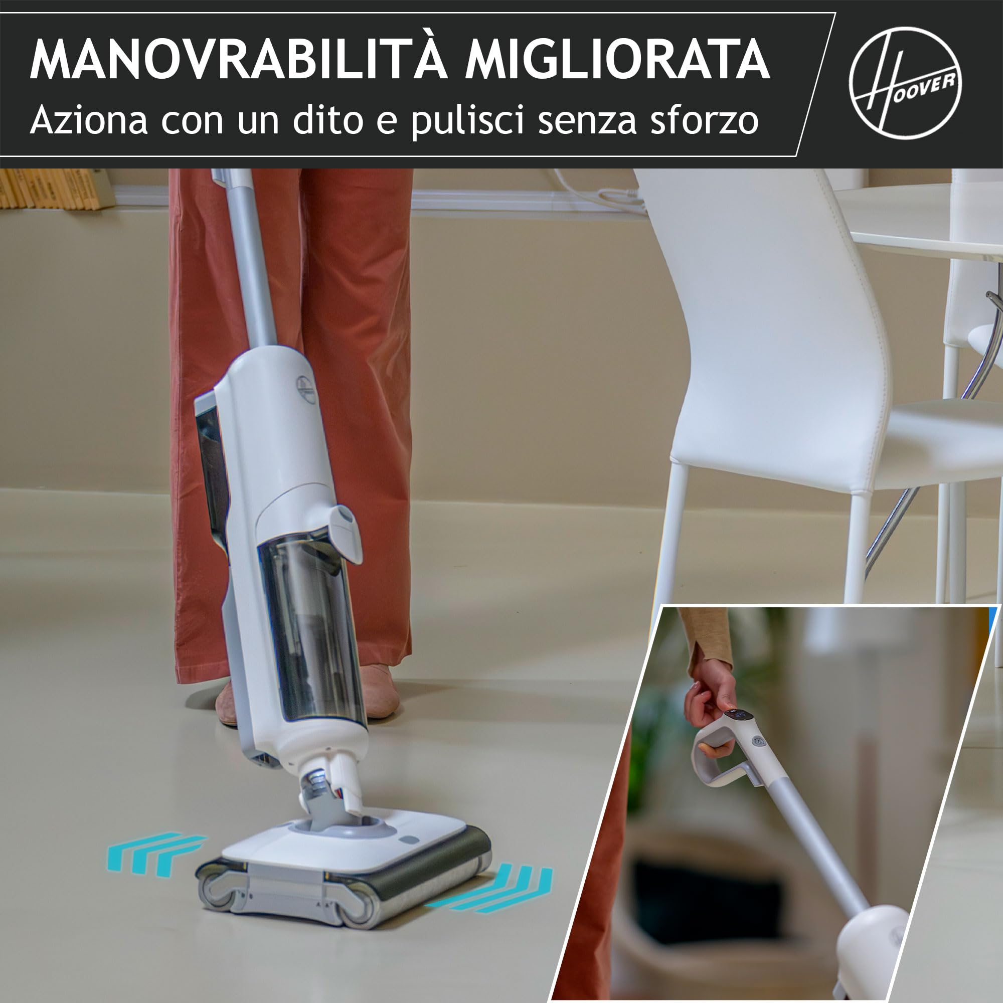 Hoover Lava e aspira Pavimenti Senza Fili, 2 in 1 per Pavimenti Duri, Aspirapolvere e Lavapavimenti, Doppi Rulli, Rilevamento Intelligente dello Sporco, Docking Station Autopulente[HW500]