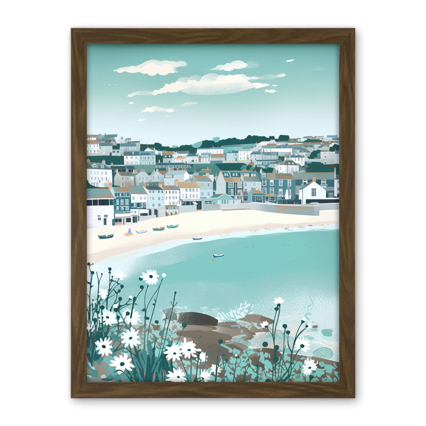 Artery8 St Ives Bay Daisies Soft Pastel Coastal Cityscape Artwork Framed Wall Art Print 18X24 Inch