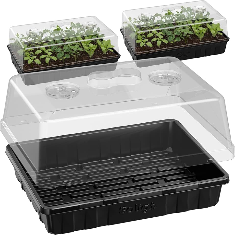 SOLIGT [Thick Plastic] 3-Set Strong Seed Starter Trays with 5" Humidity Domes for Seed Starting, Germination, Seedling Propagation &amp; Plant Growing, Holds 144 Cells in Total