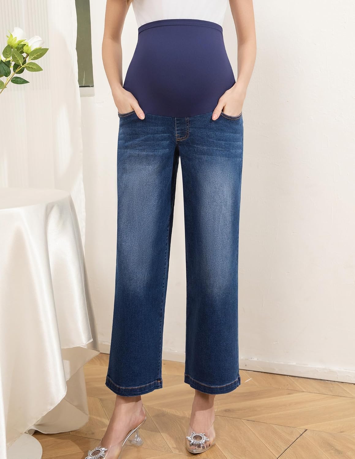 Women's Maternity Jeans Straight Leg Cropped Relaxed Fit Over Belly Comfortable Denim Pants Pregnancy - Image 2