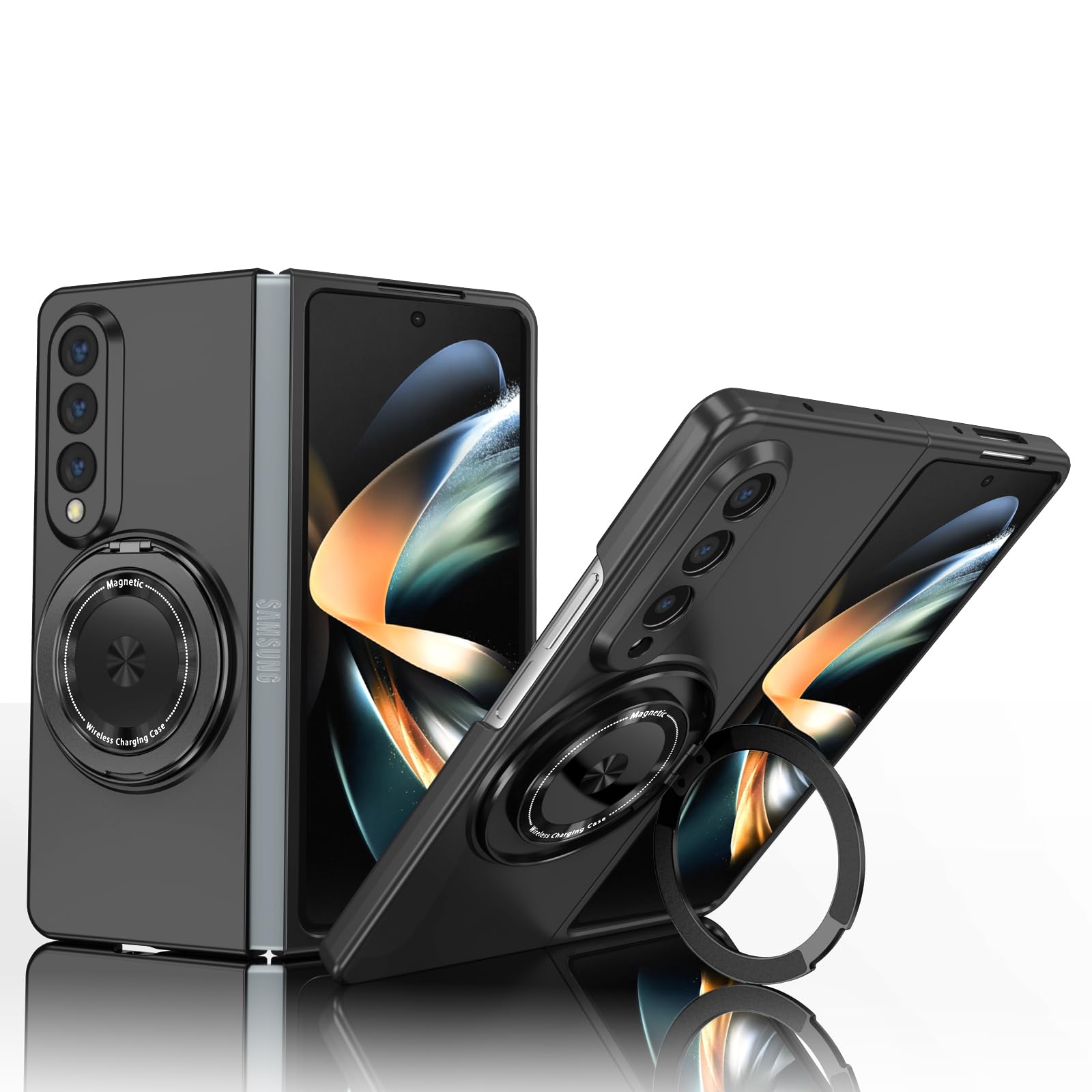 Asuwish Phone Case for Samsung Galaxy Z Fold 4 5G 2022 Cover and Magnetic Ring Holder Stand Slim Hard Hybrid Cell Accessories Protective ZFold4 Z4