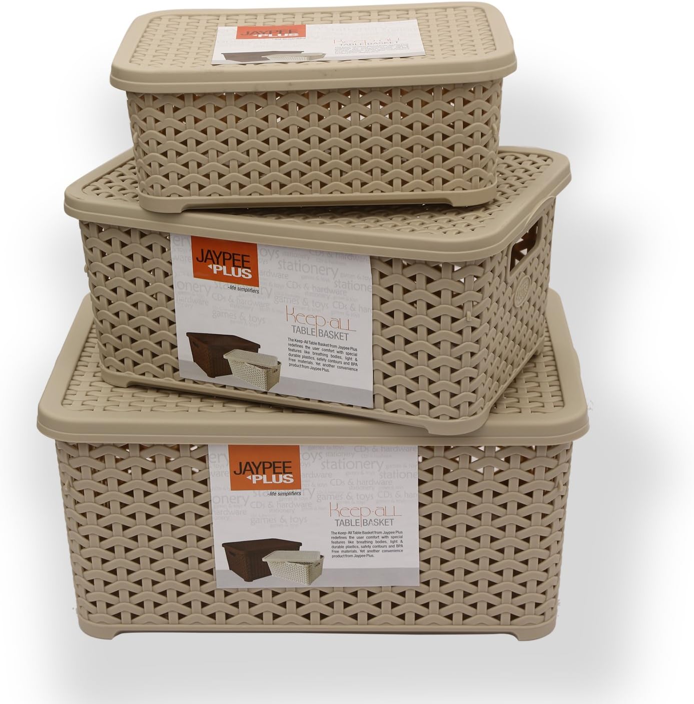 Jaypee Plus Keep all 3 Plastic Storage Basket Organizers With Lid For Kitchen & Office Multipurpose Wardrobe Stationery, Beige