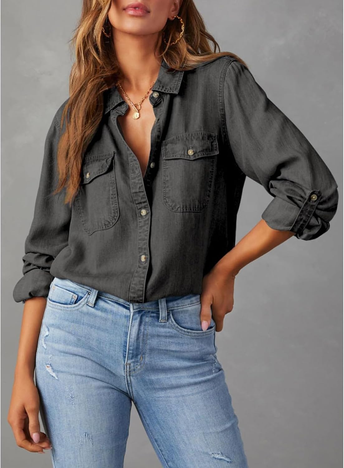 Womens Denim Shirt Casual Lapel Single Breasted Jean Shirts Vintage Autumn Loose Fit Long Sleeve Chambray Blouse Top