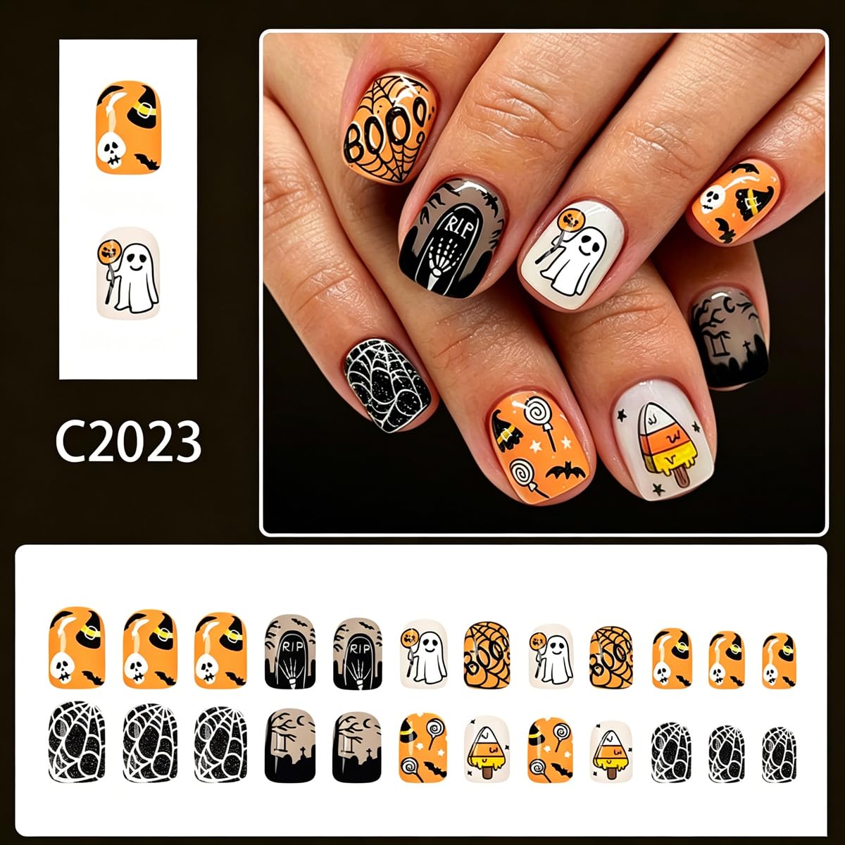 Cute Halloween Press on Nails for Women, Short Square Fake Nails, 24Pcs image 2