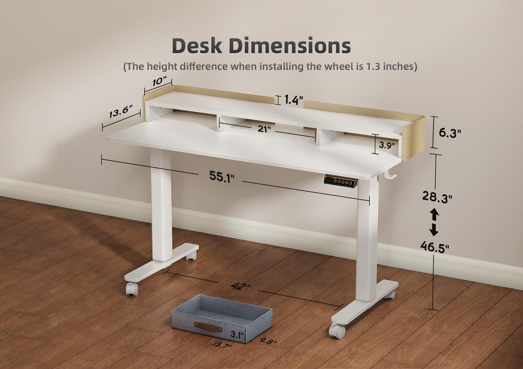 YDN Standing Desk with Drawers 55 Inch Standing Desk Adjustable Height Adjustable Electric Stand Up Sit Stand Small — view 3