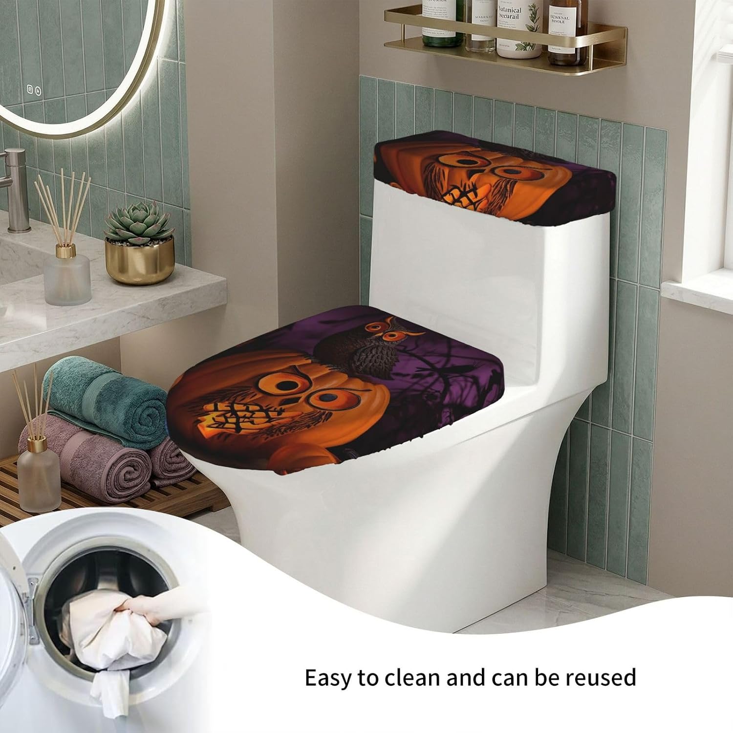Halloween Owl Pumpkin Toilet Tank Cover And Toilet Lid Cover Set Stretch Bathroom Toilet Lid Seat Cover