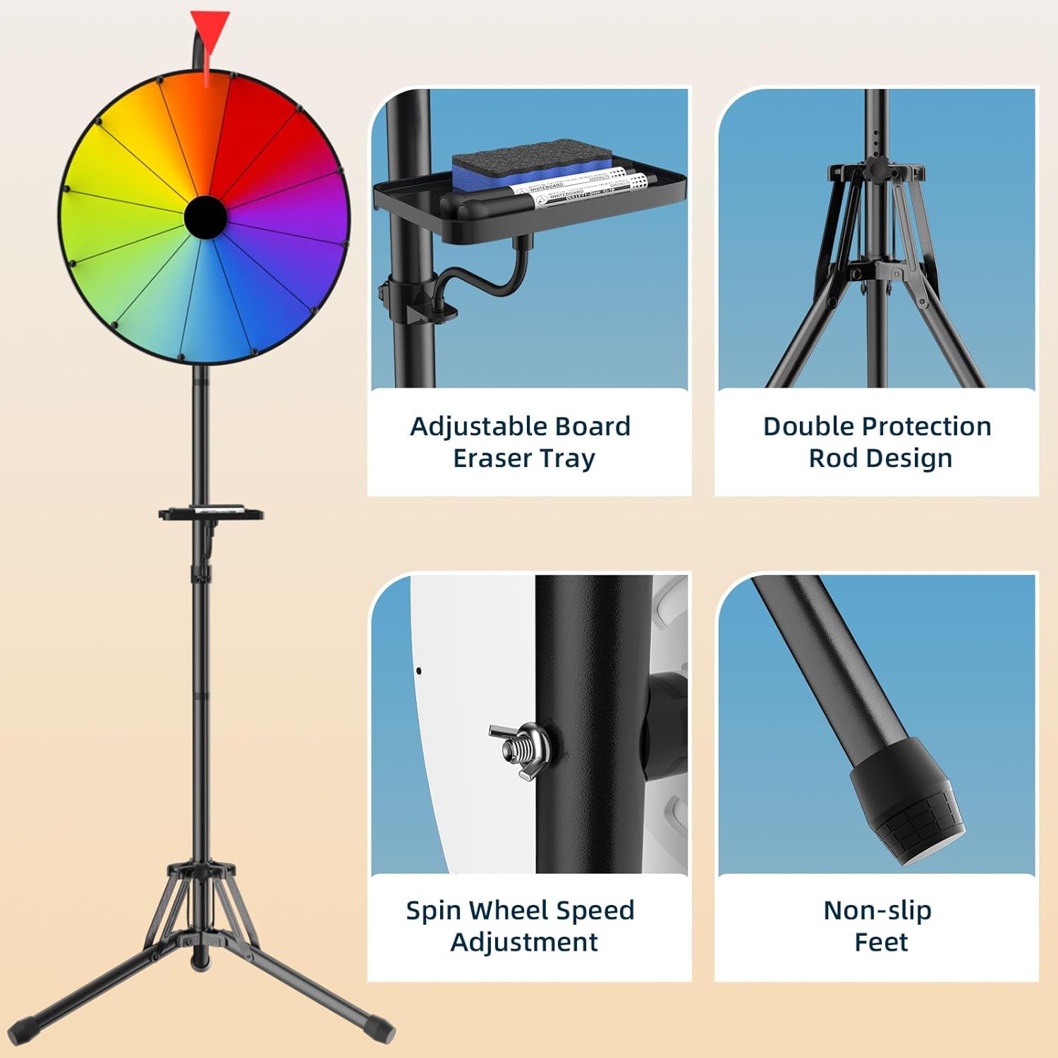 16 Inch Color Spinning Prize Wheel - 12 Color Slots with Folding Tripod Stand, Height Adjustable Wheel Spinner, Spin the Wheel with Dry Erase Marker and Eraser for Carnival Trade Show and Fortune Game