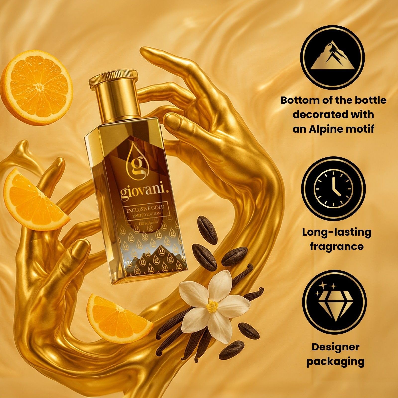 Giovani Exclusive Gold Profumo Donna e Uomo 50 ml – Profumo di Lusso con Vaniglia, Mandarino e Fiori Bianchi | Fragranza Intensa e Persistente | Eau de Parfum Elegante | Idea Regalo Raffinata
