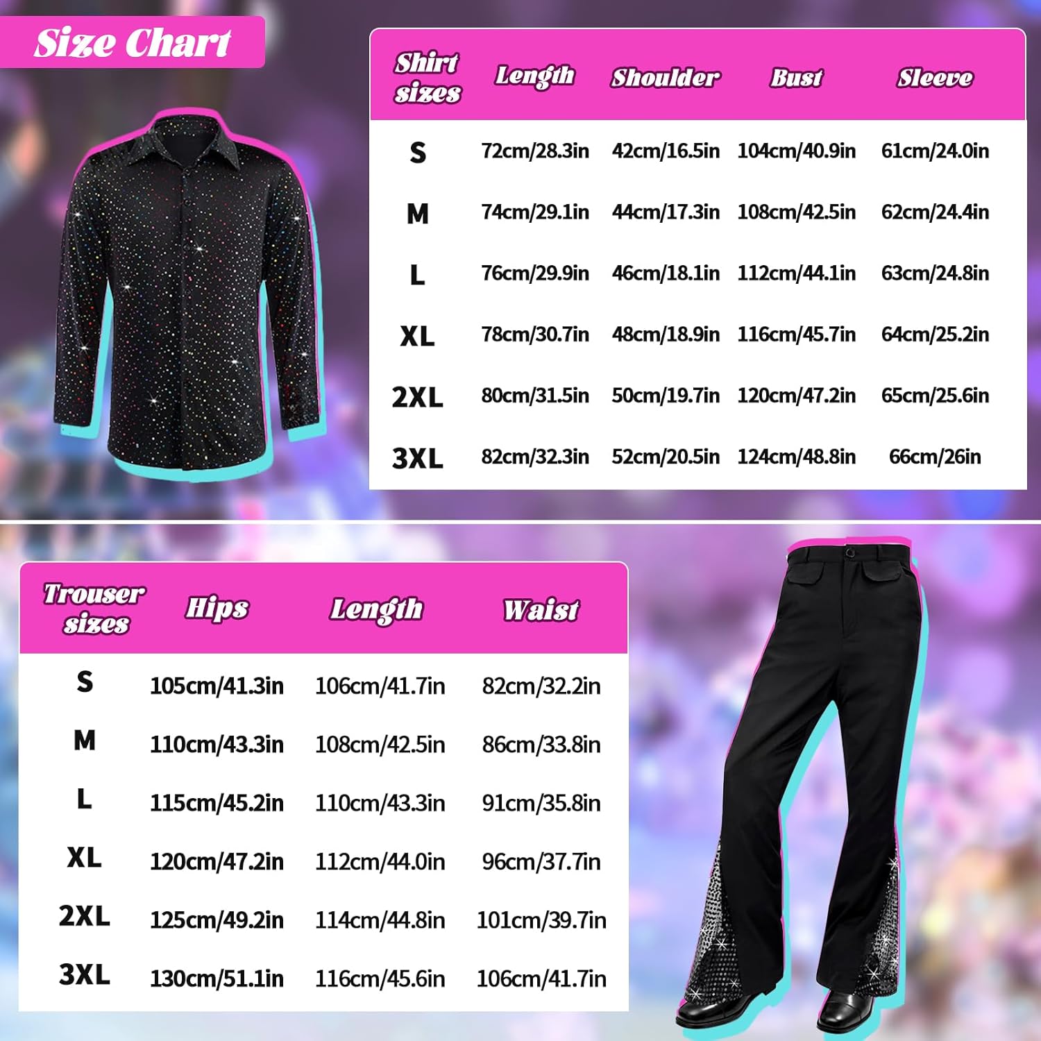 6 Pcs 70s Disco Outfit Costume for Men Dance Bell Bottom Pants Retro Shirts Moustache Sunglasses Wigs Necklace - Image 6