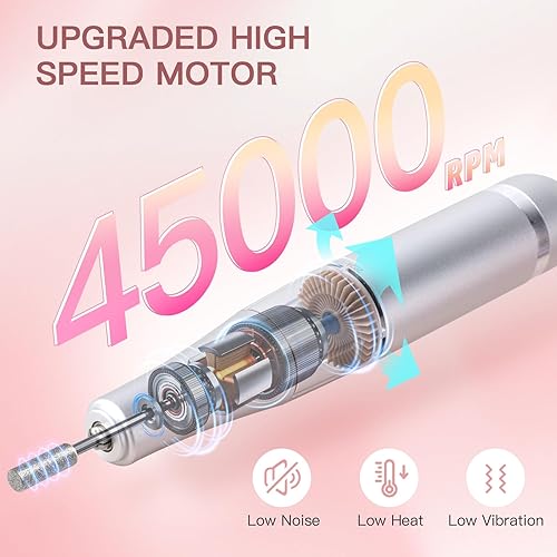 Miniatura 5 de Madenia Taladro de uñas profesional recargable, lima de uñas eléctrica portátil de 45000 RPM, lima E para uñas de gel acrílicas, adecuada para uso