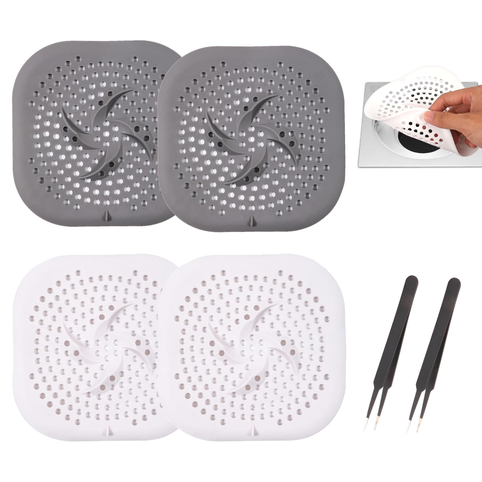 4PCS Silicone Drain Protector with Sucker 15cm Shower Drain Cover Hair Catcher Silicone Sink Strainer Protector for Bathroom Bathtub (2 White + 2 Grey）