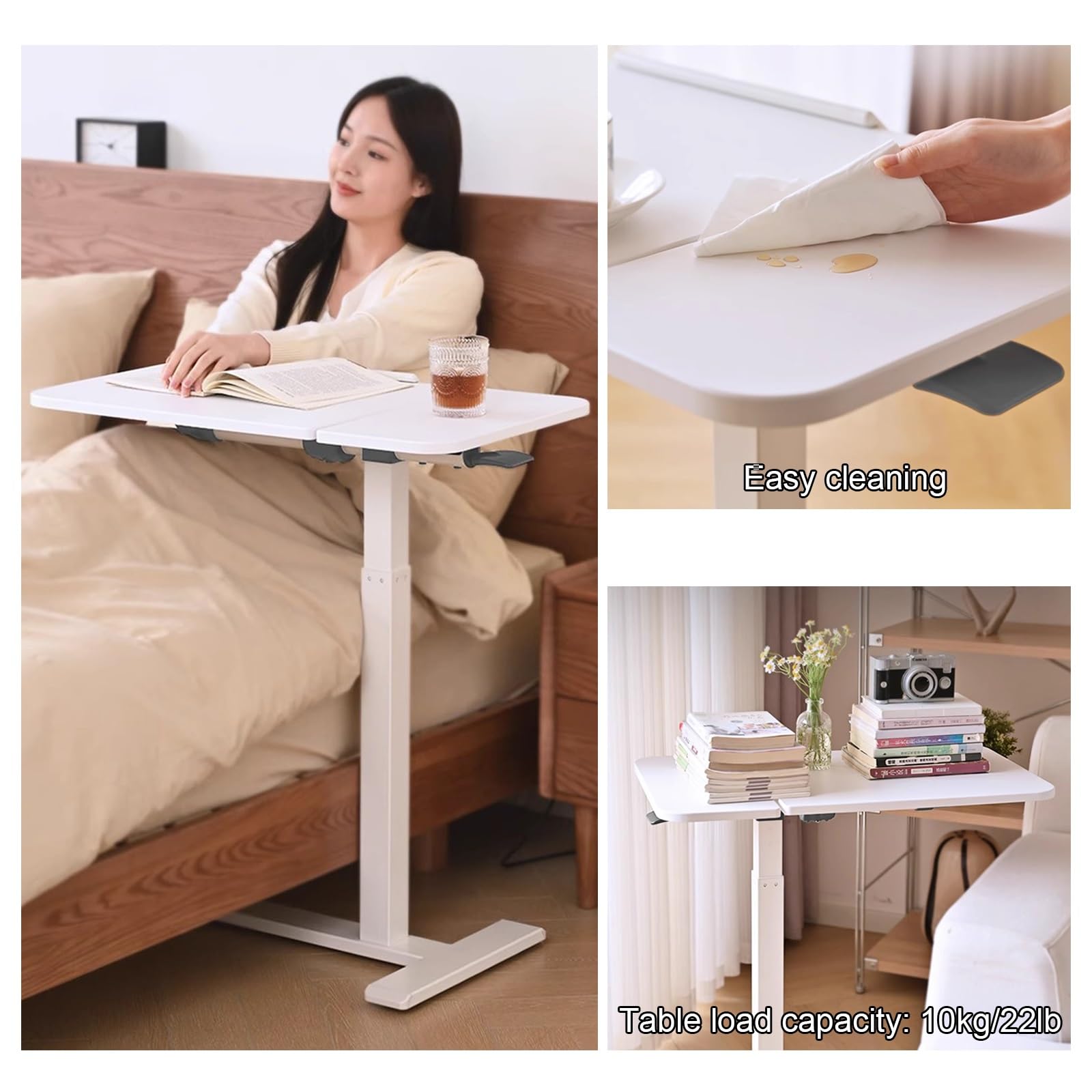 Overbed - Mesita de noche de altura ajustable, escritorio móvil rodante para laptop, mesa auxiliar con mesa abatible para hospital y uso doméstico