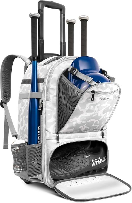 AUROTIER Rolling Baseball Backpack with Off-road Wheels, Wheeled Catchers Gear Bag for Baseball Equipment, 4 Bats, Large Softball Bag for TBall, Helmet & Accessories with Fence Hook