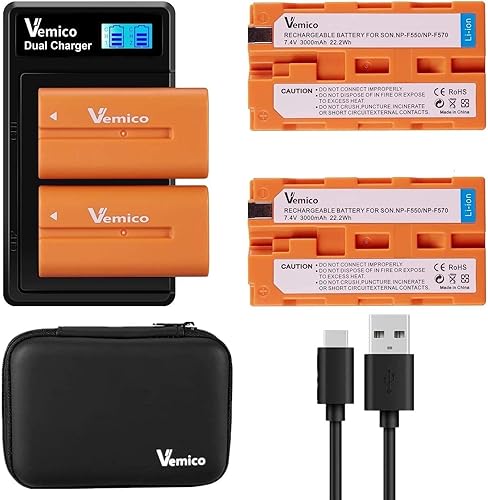 Vemico NP-F550 Juego de cargador de batería 2X 3000mah Baterías de repuesto 2 canales Tipo C Cargador LCD para Sony NP