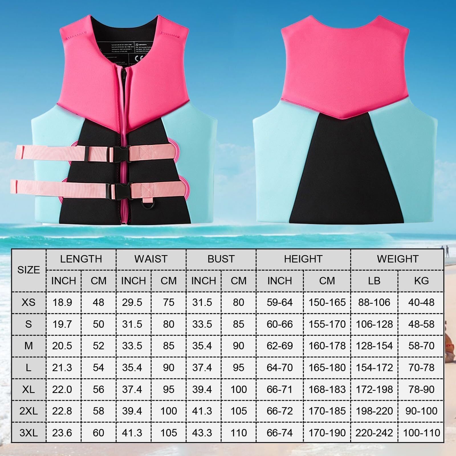 Unisex Alta Flotabilidad Portátil Chaleco de Kayak Correas Ajustables Comodidad Neopreno para Kayak Snorkel Paddle Deportes Acuáticos Seguridad