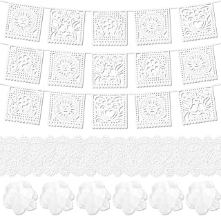 16 Pcs White Mexican Fiesta Decoration Papel Picado Banner Huge White Mexican Paper Flowers Serape Table Runner for Fiesta Wedding Cinco De Mayo Birthday Decoration Party Supplies