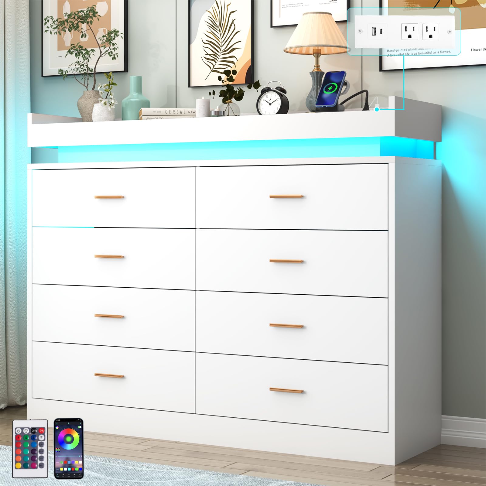 8 Drawer Dresser with LED Light and Charging Station, Modern Chest of Drawers for Closet, Wide Drawer Organizer Cabinet for Bedroom, Living Room, Entryway, Hallway(White)