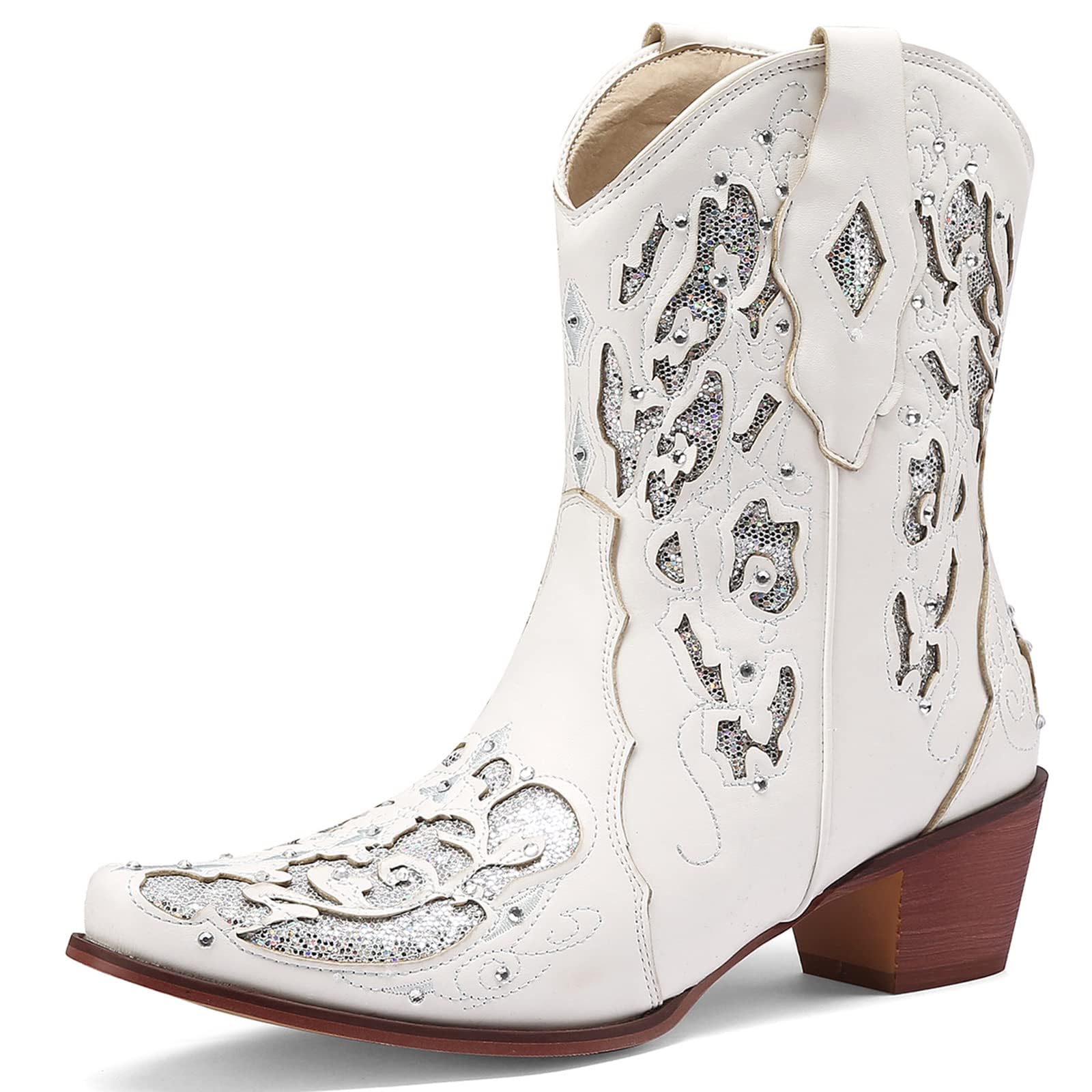 KiutSymo Glitter Rhinestone Cowboy Boots For Women Vintage Embroidered Cowgirl Boots Mid Calf Chunky Heel Sparkly Wedding Western Boots