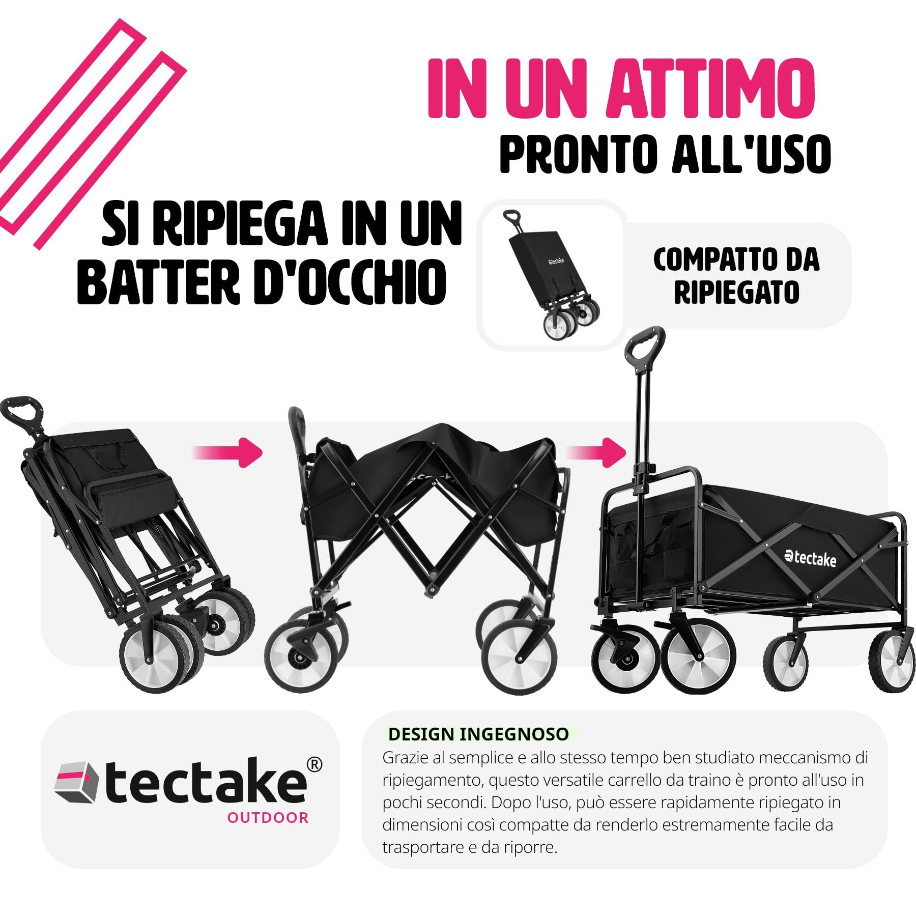 tectake® Carrello Pieghevole Leon, con Freni, Maniglia Telescopica, Carrello con Ruote Portatutto da Giardino, Carro Portaoggetti - Nero/Nero