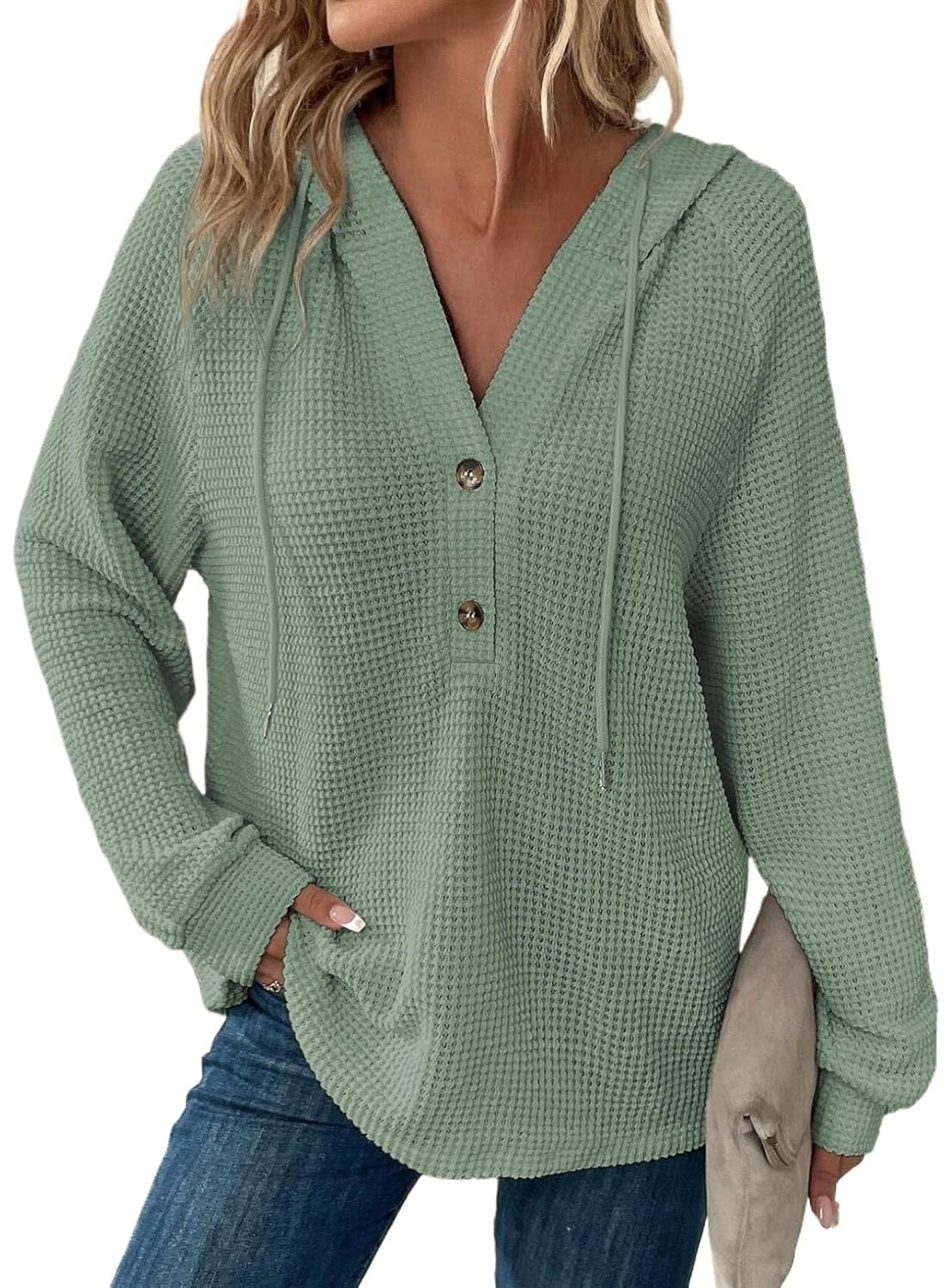 Womens Hoodies Waffle Knit V Neck Pullover Sweatshirt Cute Hooded Sweatshirts Cozy Lightweight Long Sleeve Tunic