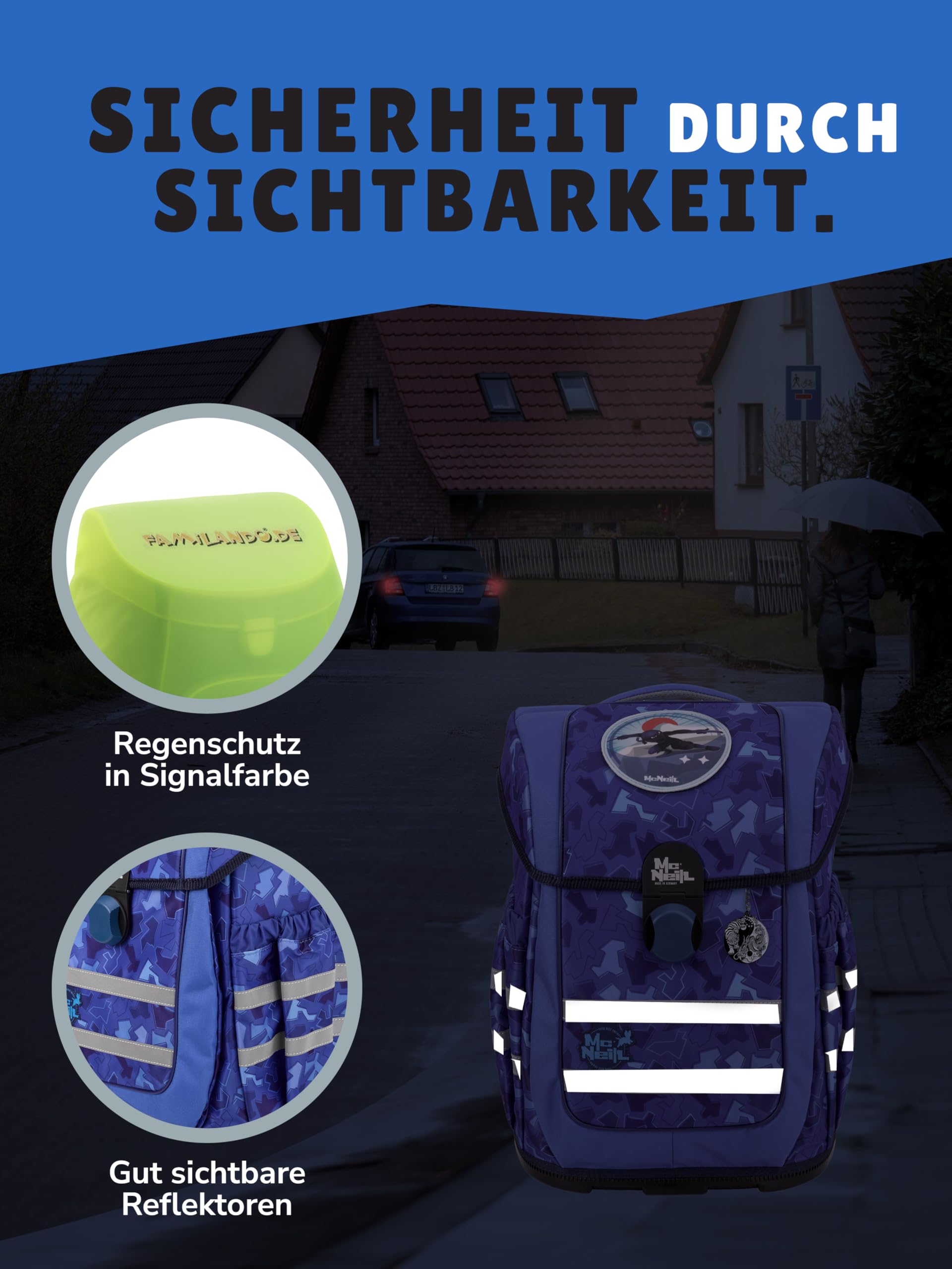 Familando - McNeill Ergo Complete Schulranzen Set - 10-teilig mit Schultüte - Puzzle - Ergonomisch & 3-Fach verstellbar - 1150g leicht mit 20L Volumen & Reflektoren - Für Grundschule ab 1. Klasse